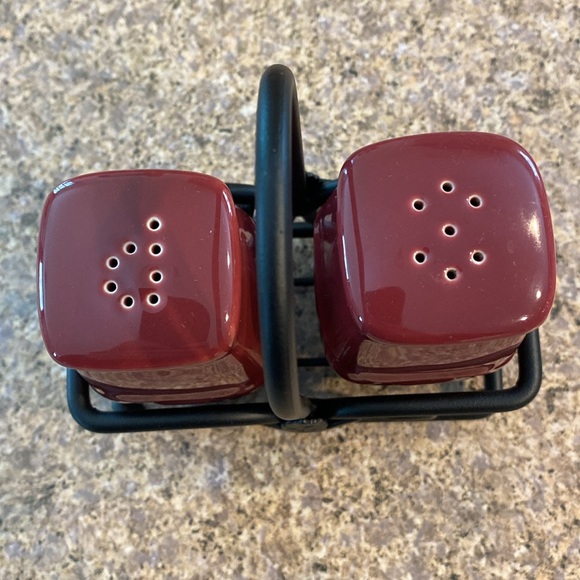 Longaberger Paprika Salt & Pepper Shakers & Black Wrought Iron Holder Caddy - Picture 8 of 17